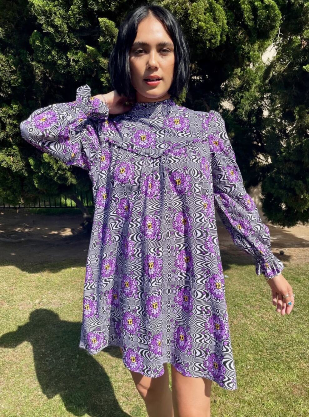 Nooworks Purple Haze Stevie Psychedelic High Neck Ruffle Dress Size Small